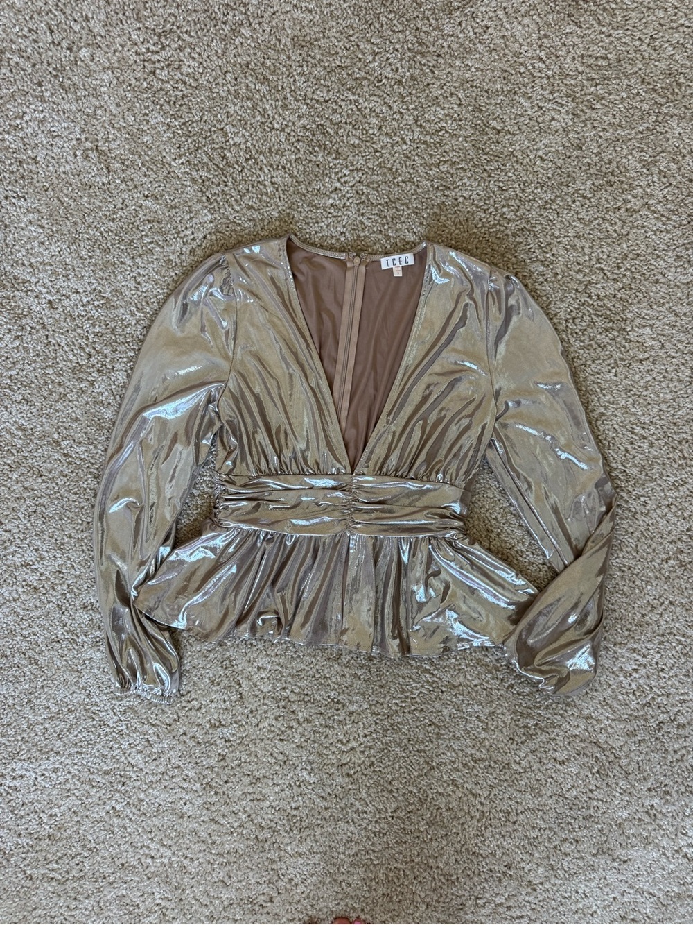 TCEC Metallic Champagne Wrap Peplum Top